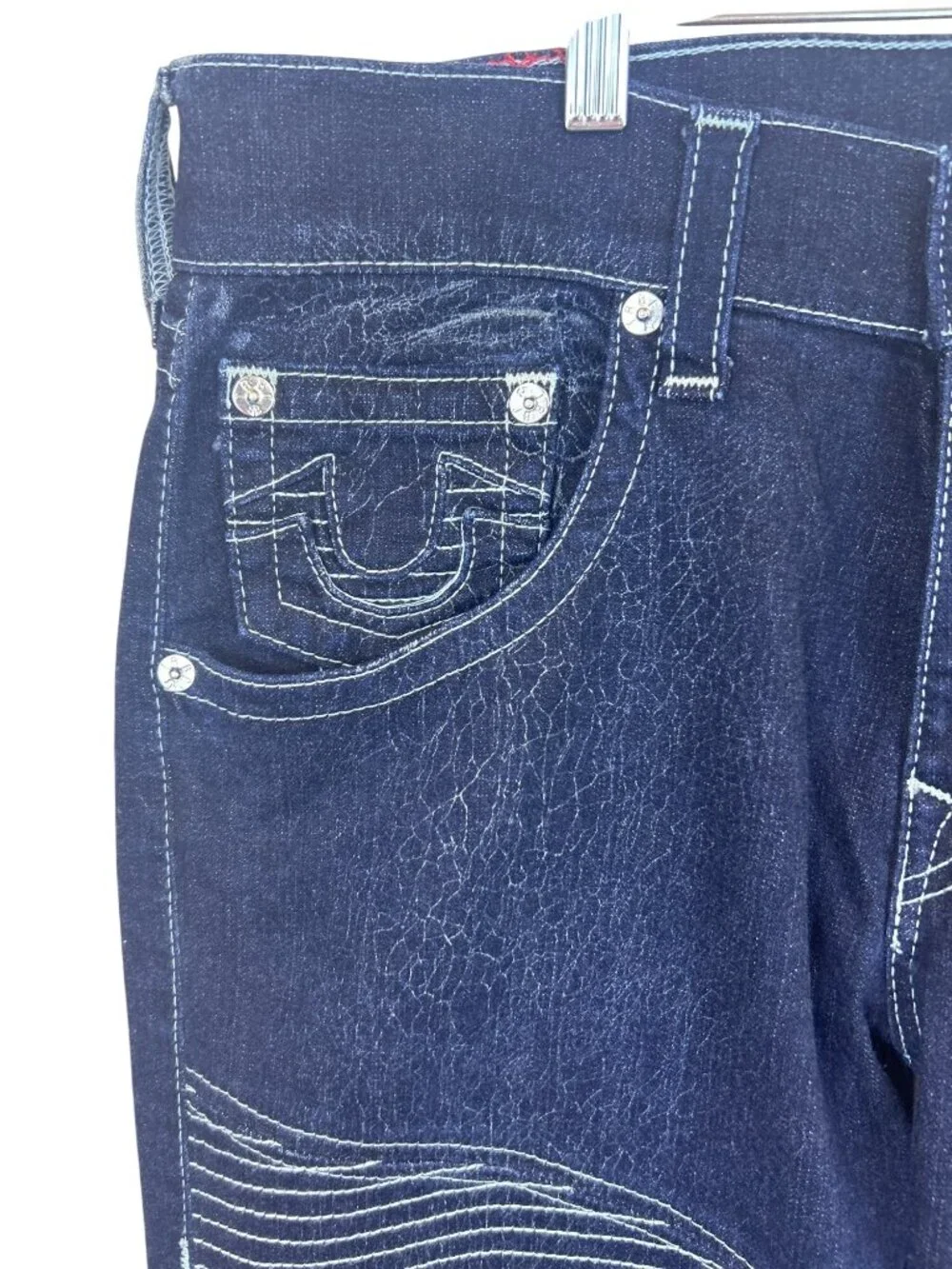 True Religion Moto Skinny Jeans Men's 34x28 Dark Wash Run Stitch Cracked Texture